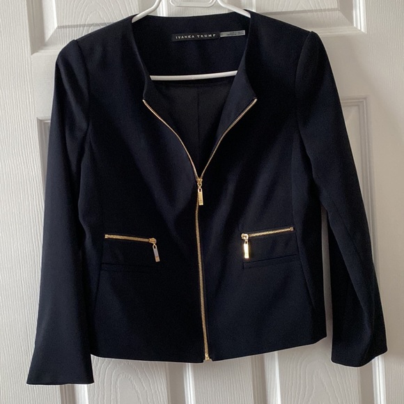 Ivanka Trump dark navy blazer gold zippers with satin lining - Picture 1 of 6